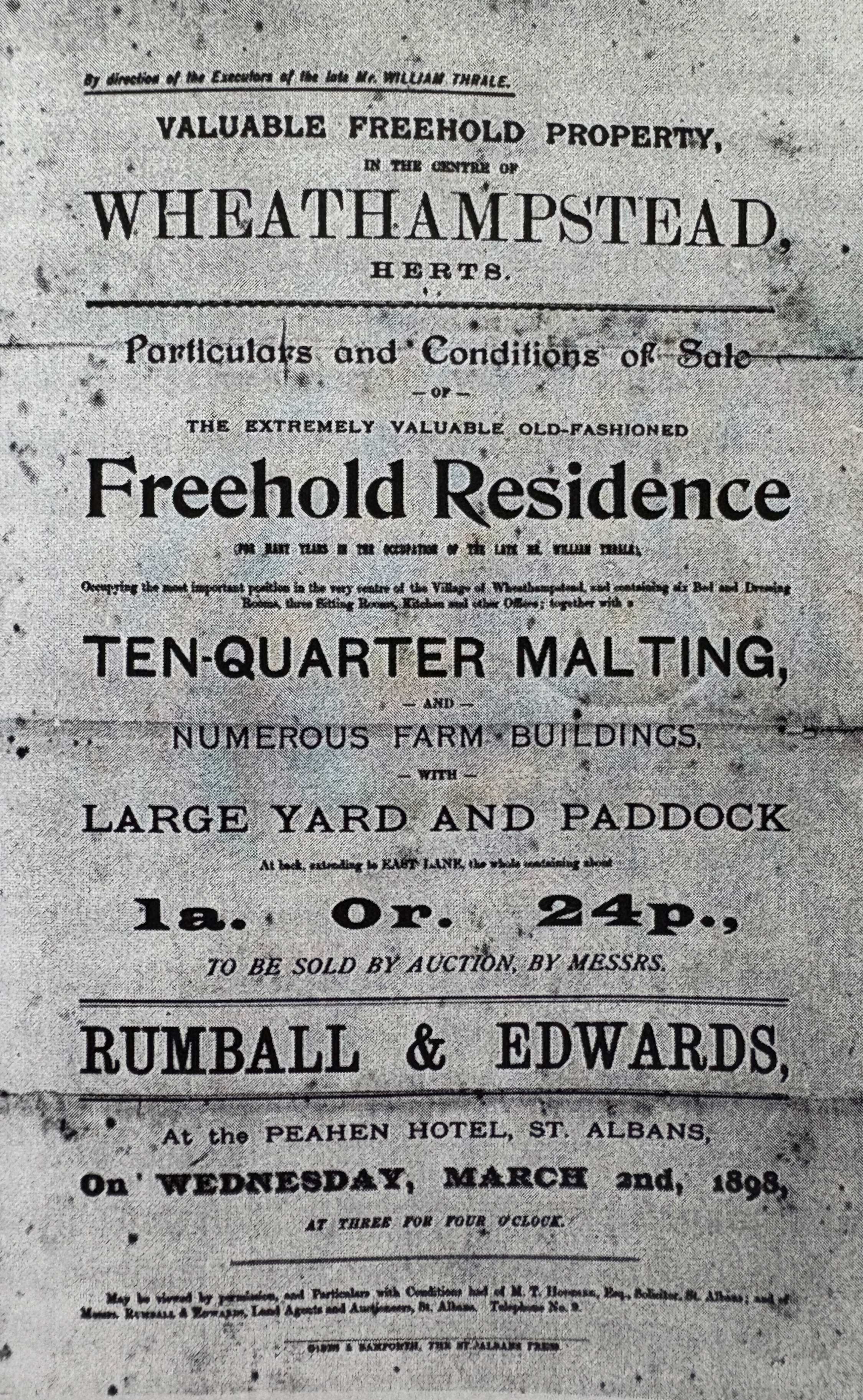 Maltings Farm, Wheathampstead - 1898 advertisement for auction