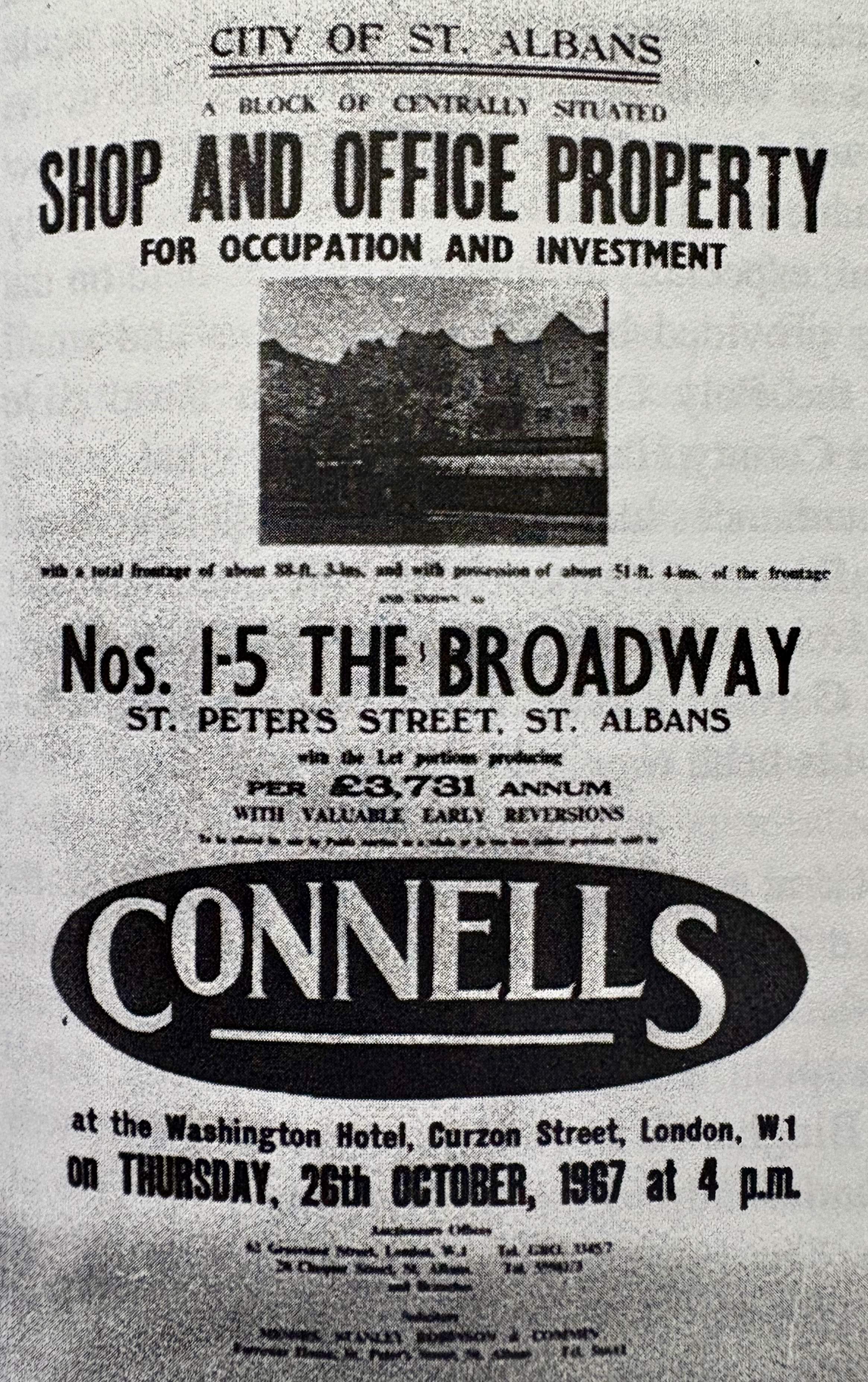 Waterend Barn, St Albans. 1967 advert for the auction of property fronting the Barn