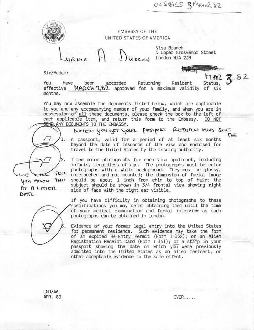 Incomplete USA Returning Resident Status form.